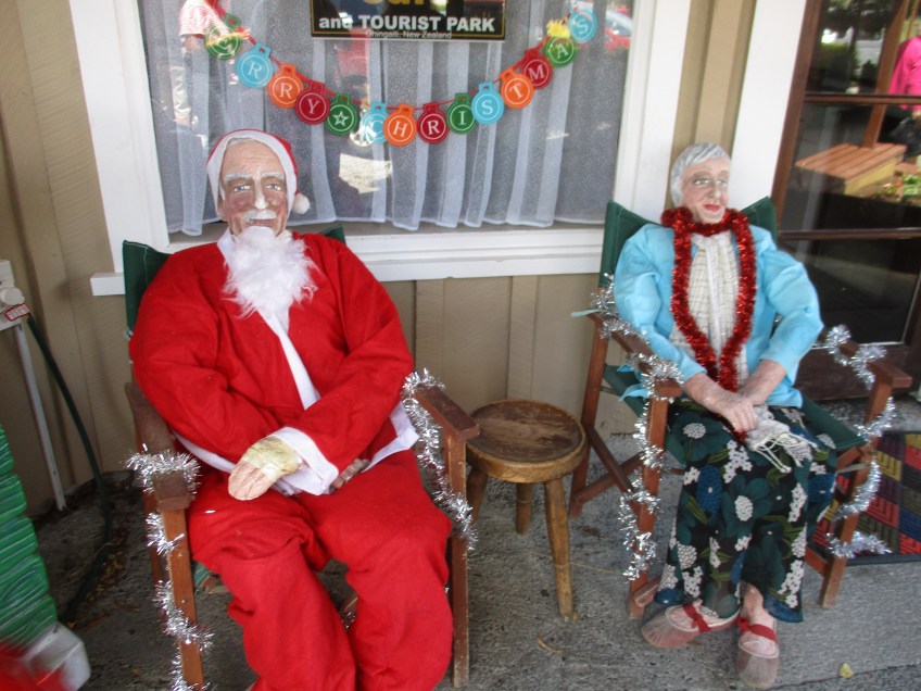 Santa and Mrs Claus at Flat Hills on the way to Rotorua with the bus