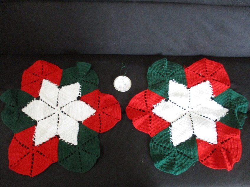 Doily snowflakes and the Christmas in the Hut ornament made from Nesquik lid