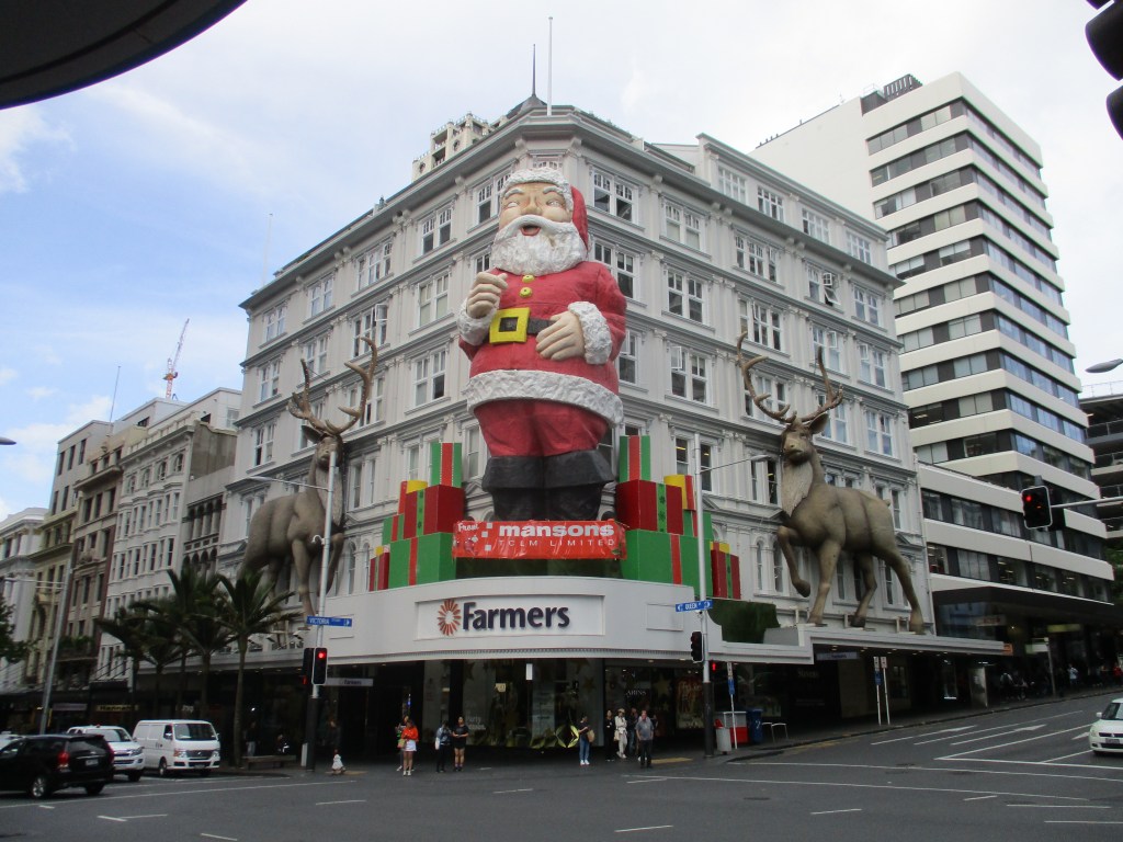 Santa Claus and two reindeer more than 4 stories tall in Auckland