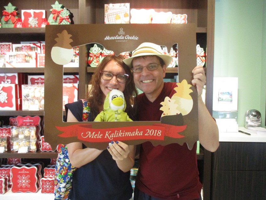 Penny Penguin, Jenya and I at Honolulu Cookie Company