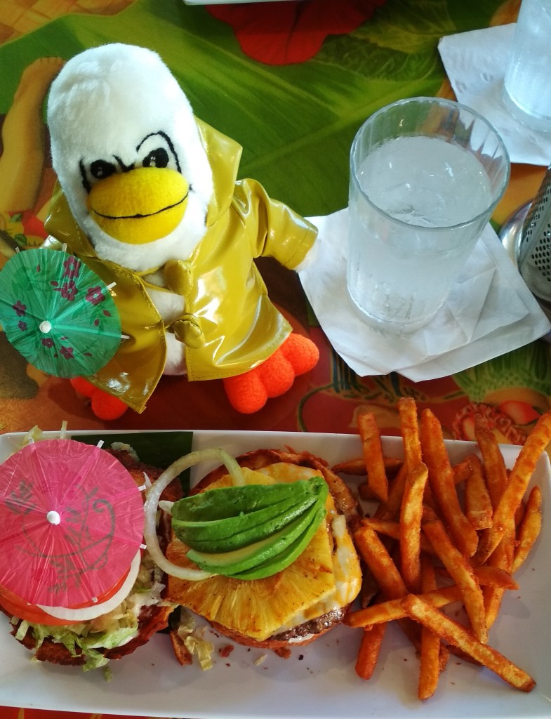 Penny Penguin at Cheeseburger in Paradise with a California Cheeseburger