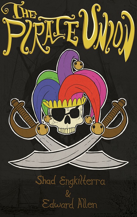 Skull wearing jester's cap with crossed swords underneath